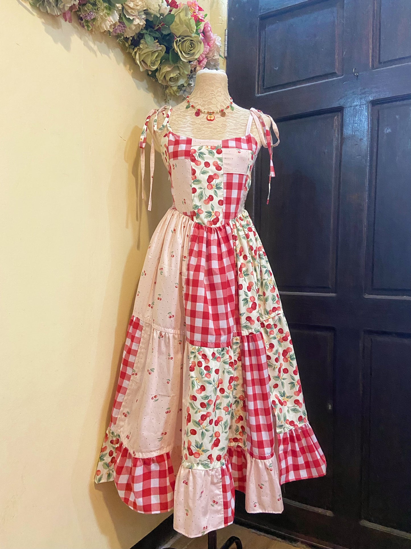 (PRE ORDER) Cherry Picnic Patchwork Corset Handmade Dress