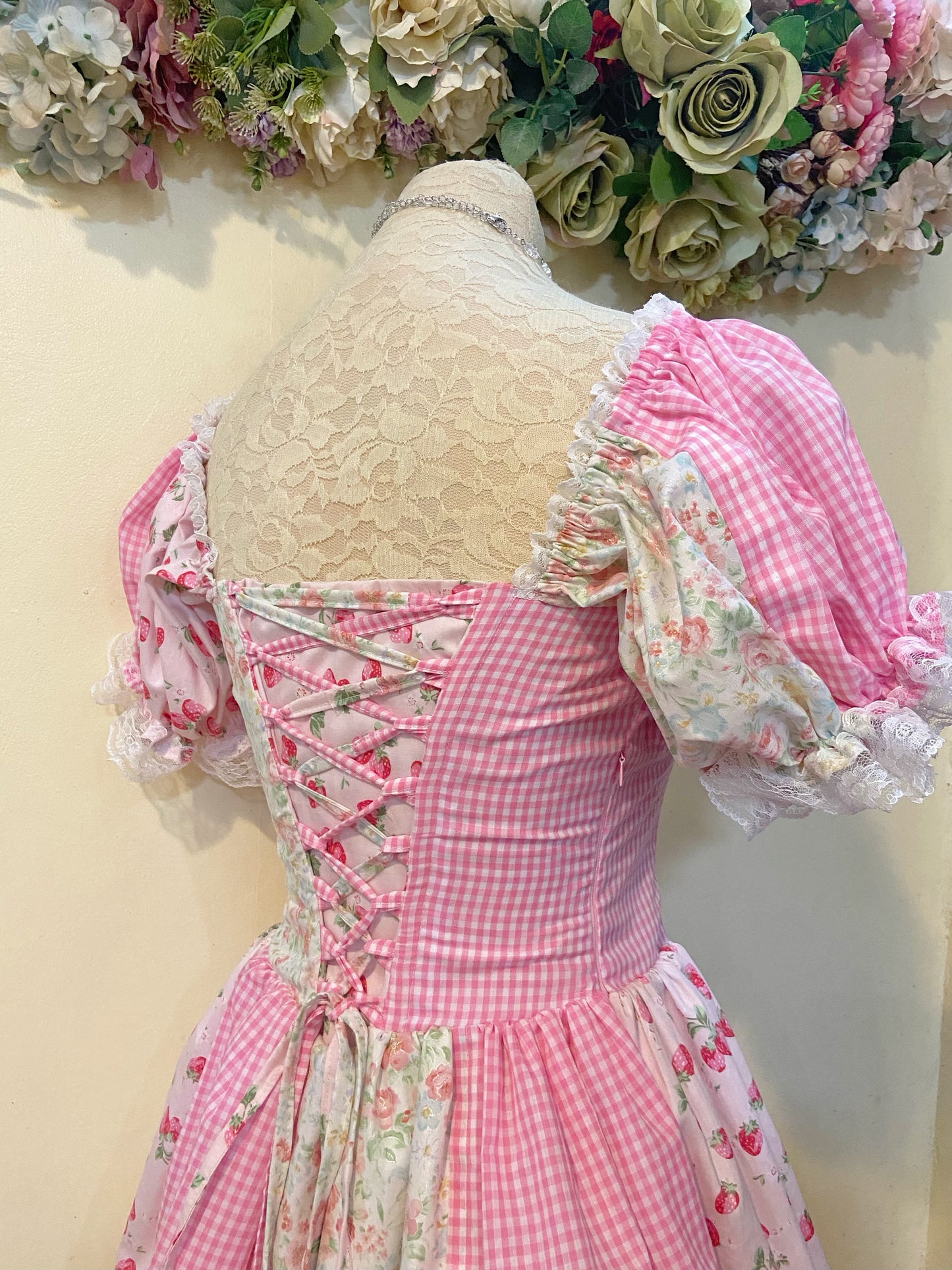 Pink Strawberry Picnic Corset Handmade Dress