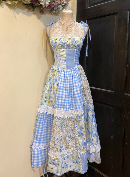 Blue Florals Patchwork Corset Handmade Dress