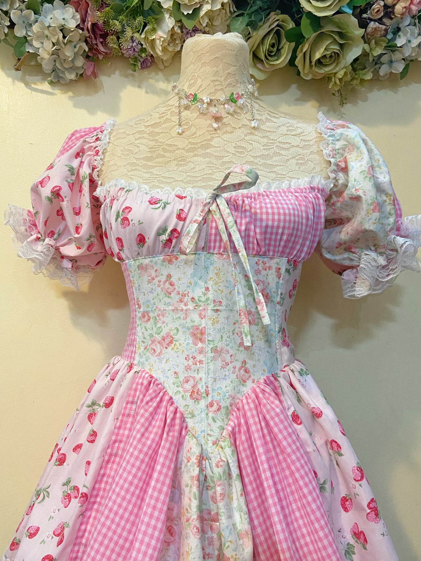 Pink Strawberry Picnic Corset Handmade Dress