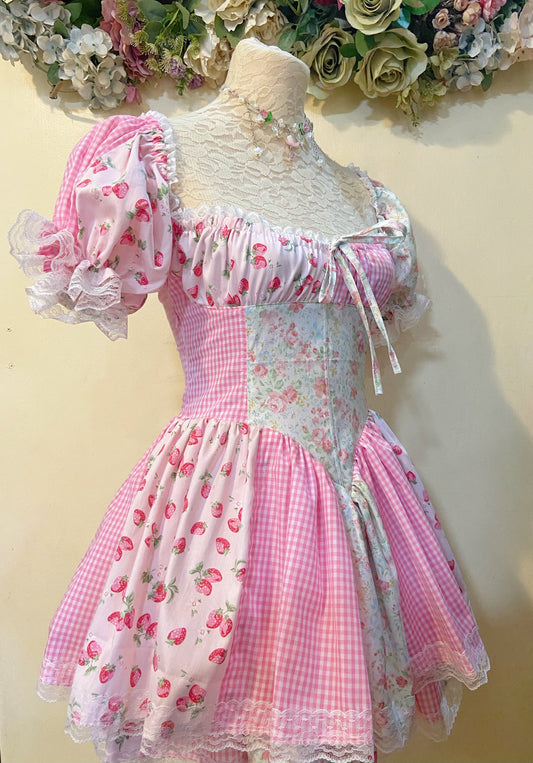 Pink Strawberry Picnic Corset Handmade Dress