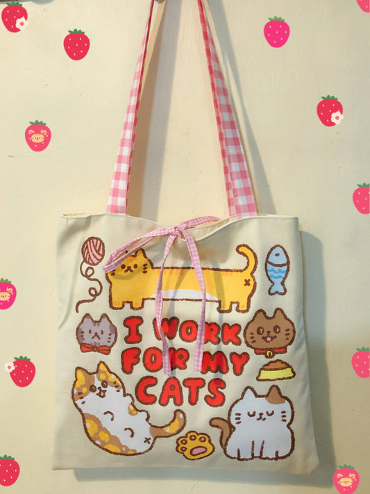 I work for mg Cats ( pink straps )  Handmade Tote Bag