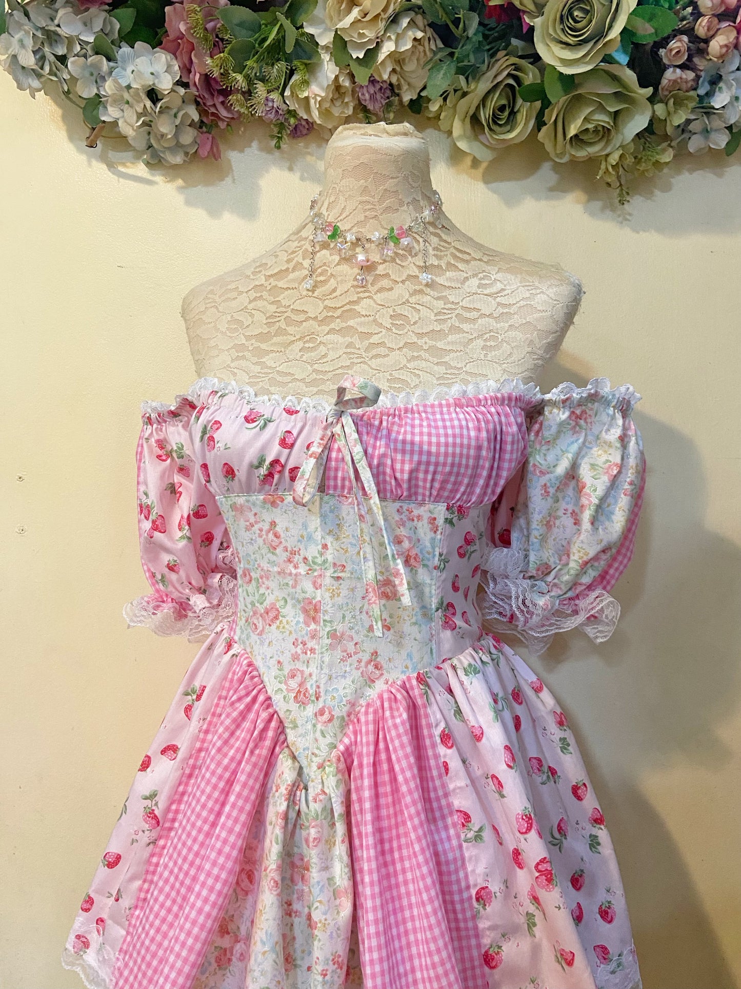 Pink Strawberry Picnic Corset Handmade Dress