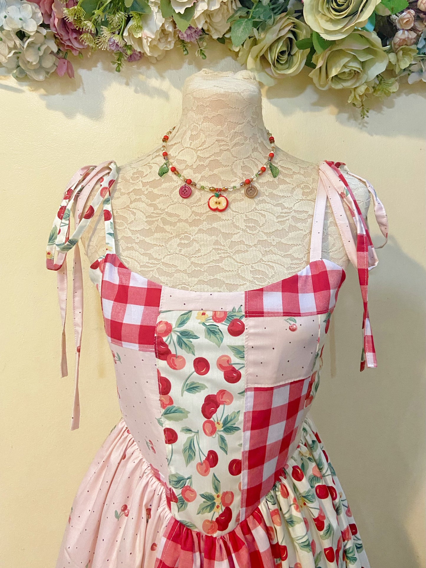 (PRE ORDER) Cherry Picnic Patchwork Corset Handmade Dress