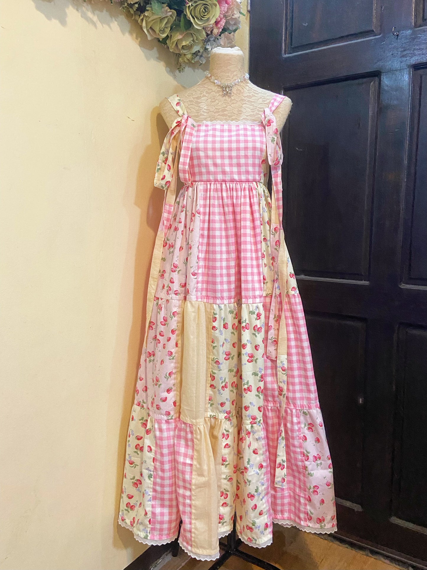 (PRE ORDER) Strawberries and Cream Patchwork Handmade Dress