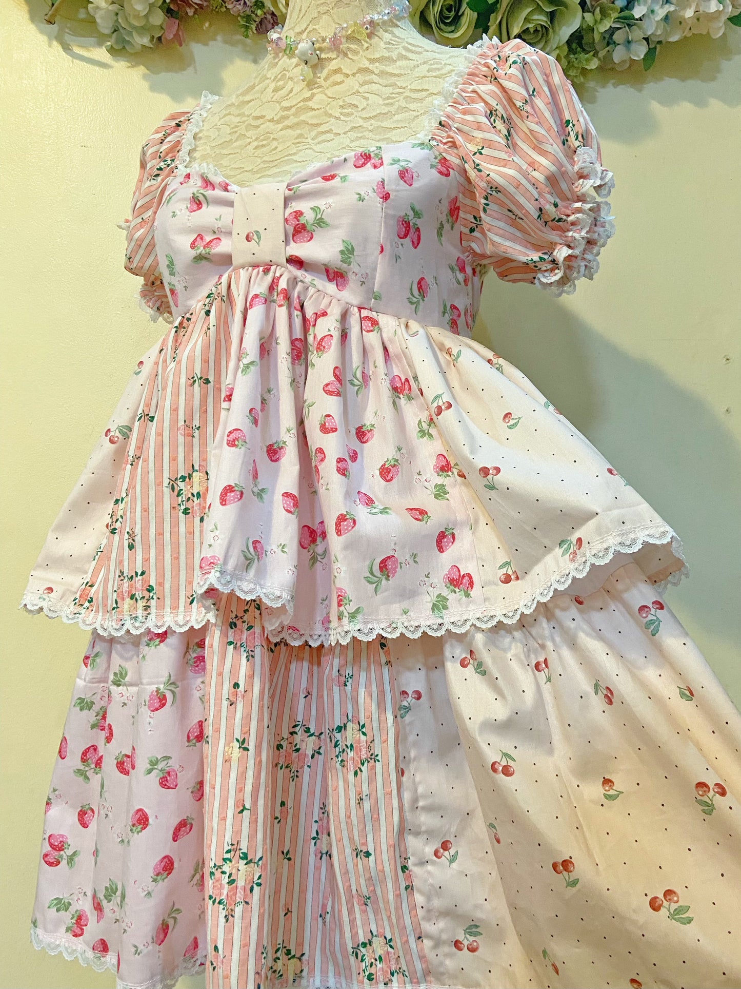 (PRE Order ) Cherries and Strawberries Patchwork Handmade Dress