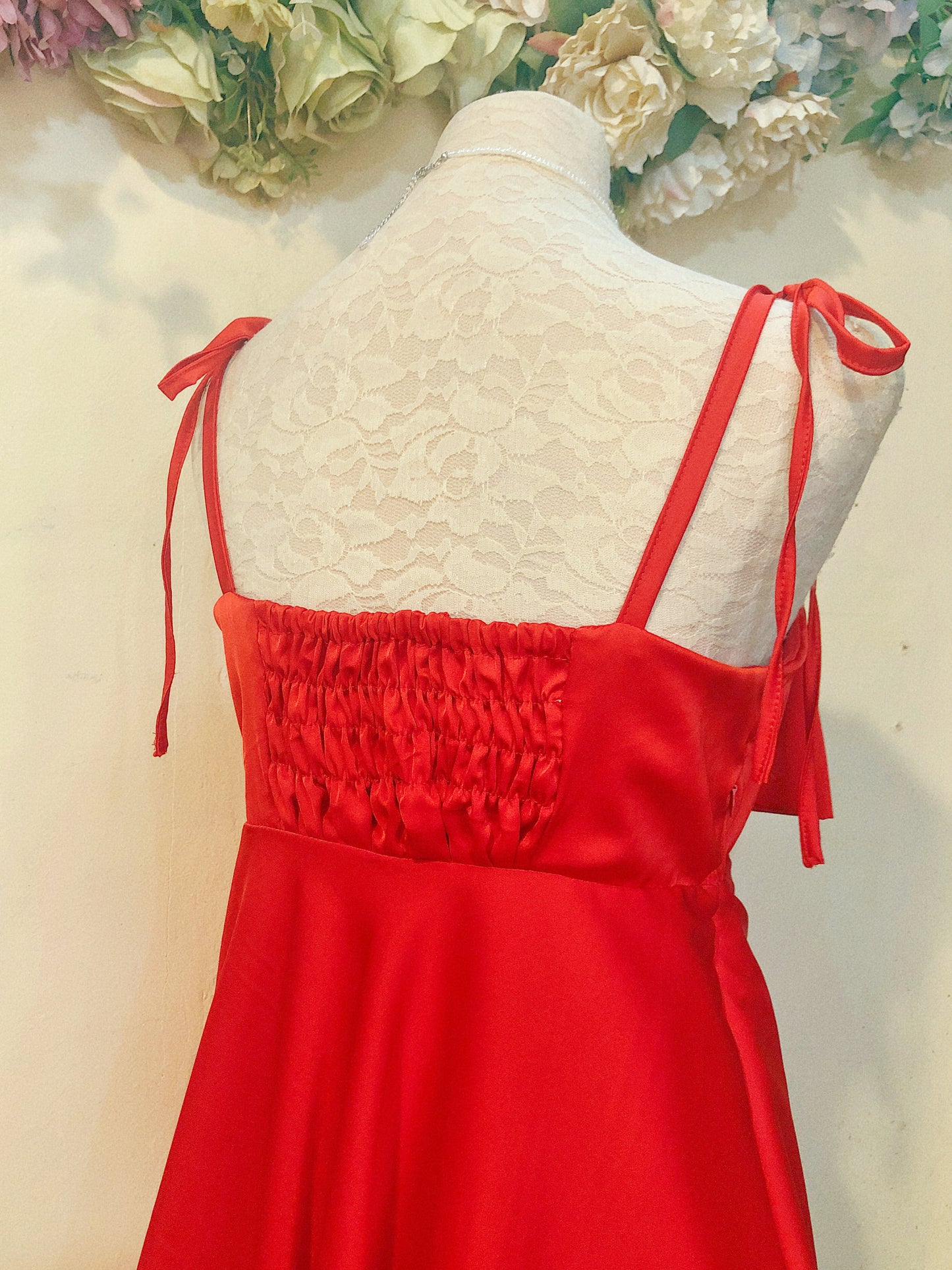 Red Ribbon Silk Handmade Dress