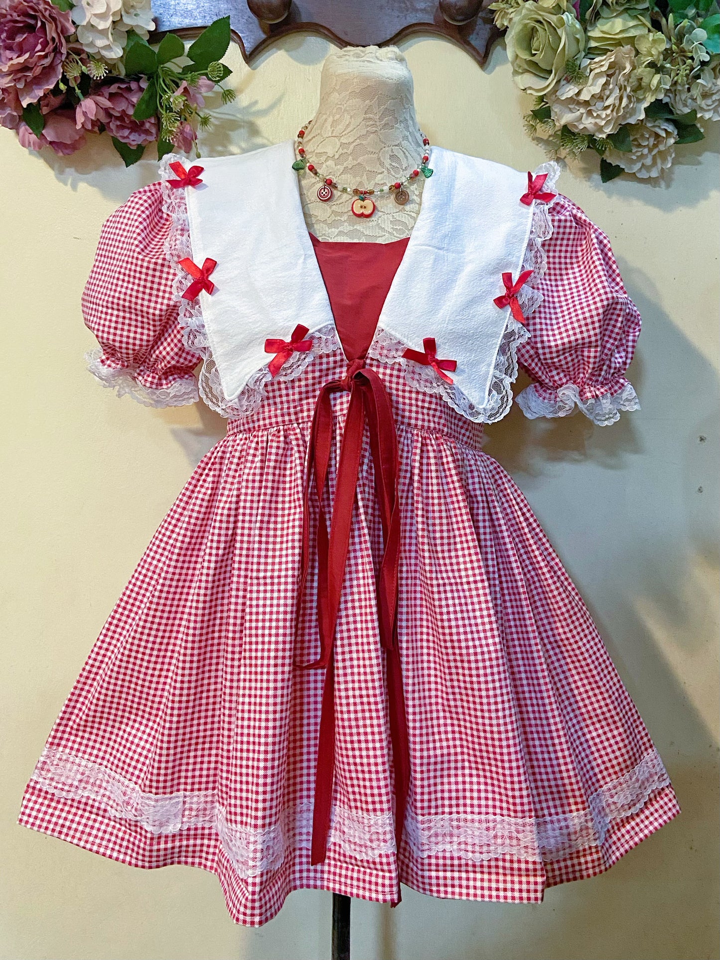 Red Ribbon Gingham Dress Handmade Dress