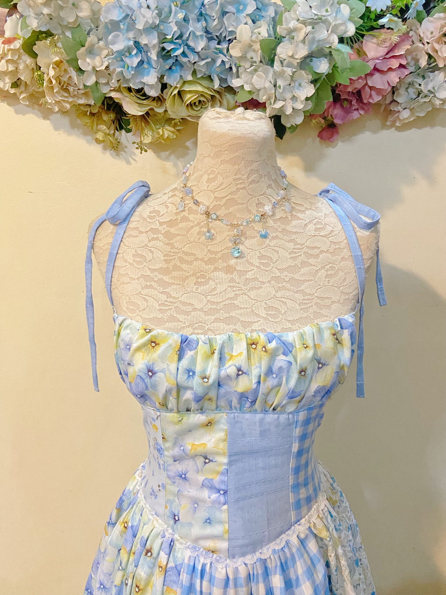 Blue Florals Patchwork Corset Handmade Dress