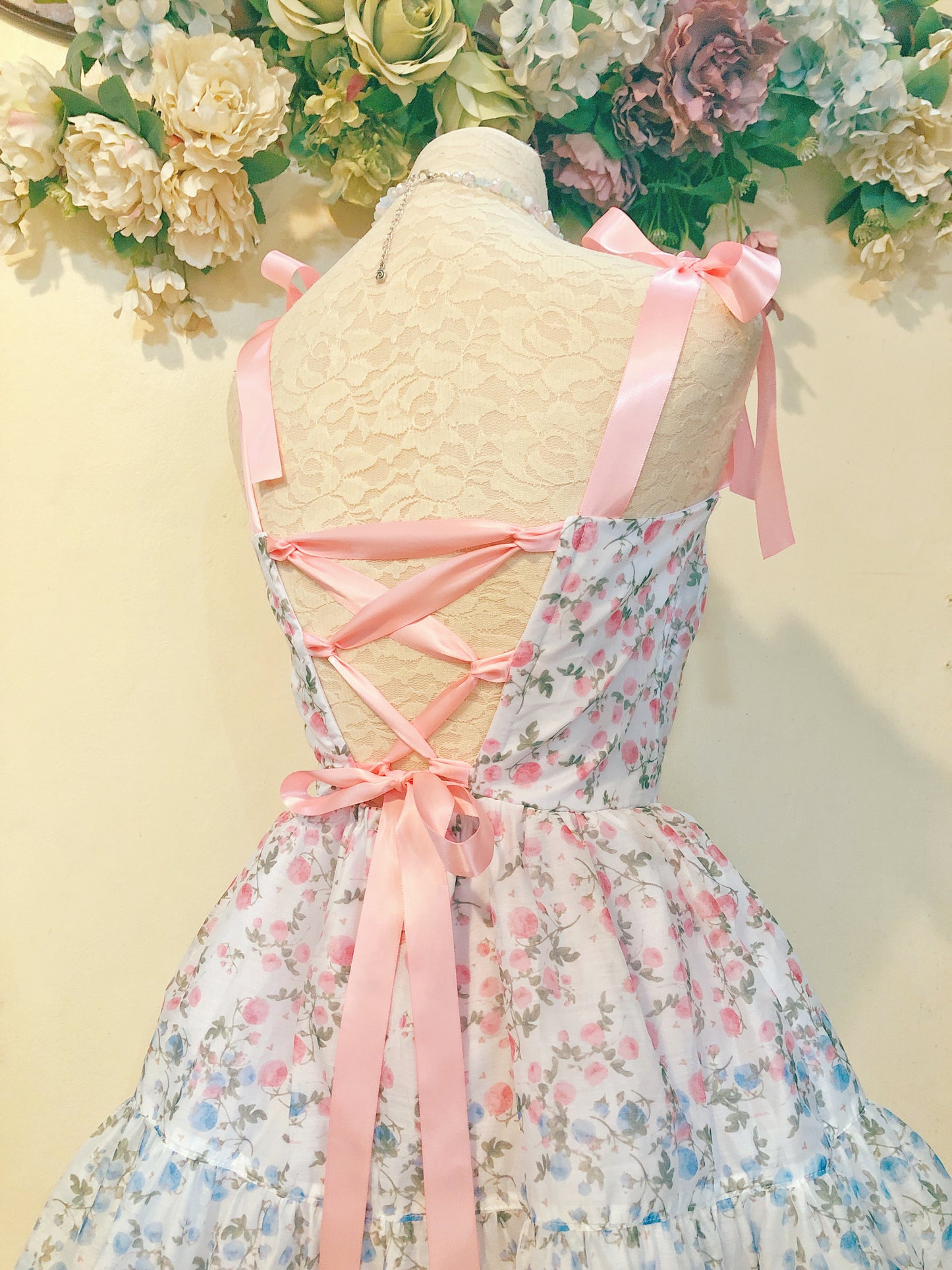 Pink and Blue Corset Milkmaid Handmade Dress