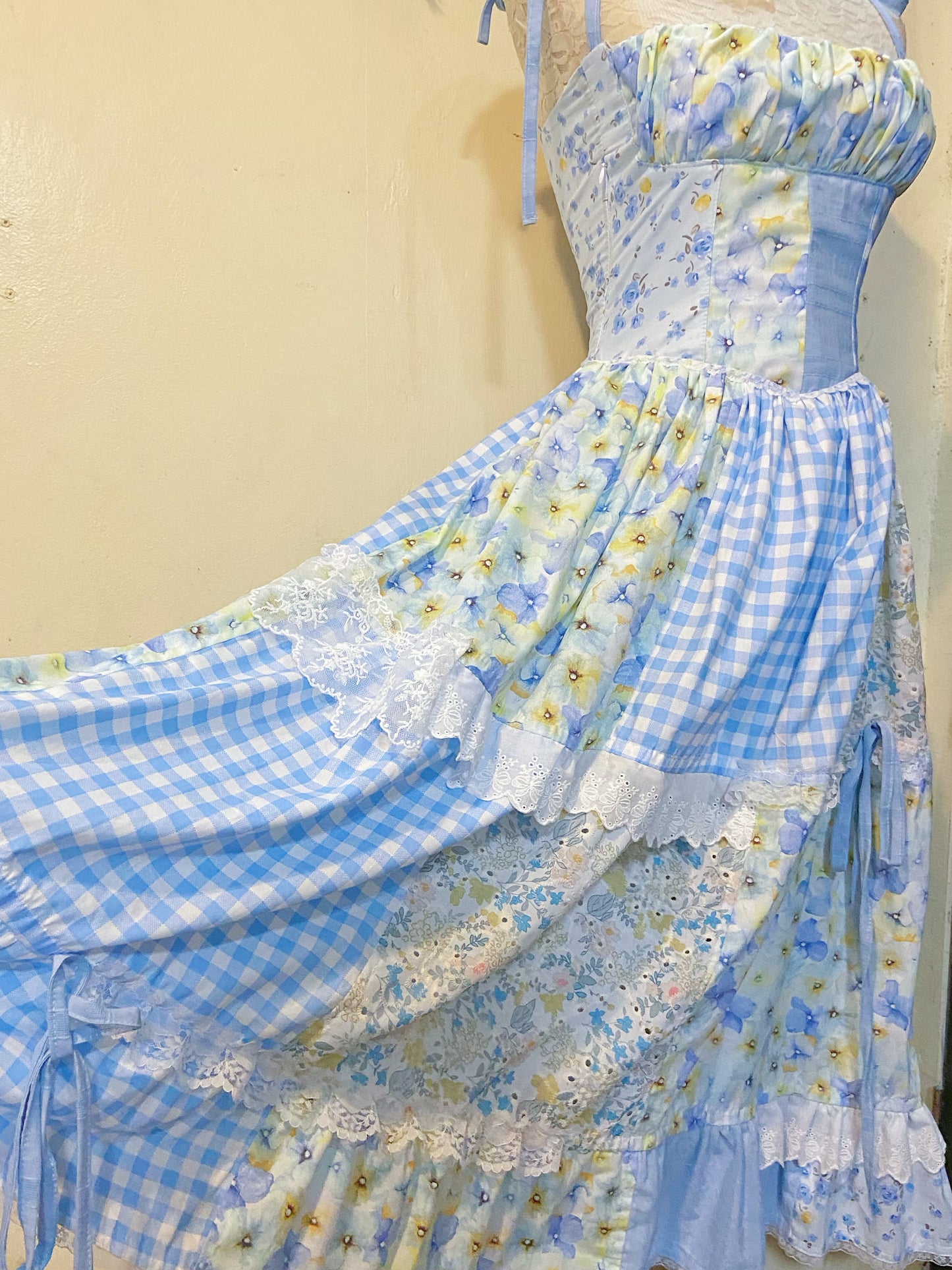 Blue Florals Patchwork Corset Handmade Dress
