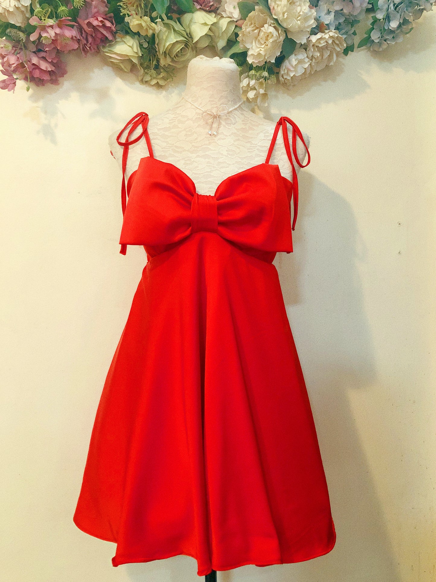 Red Ribbon Silk Handmade Dress