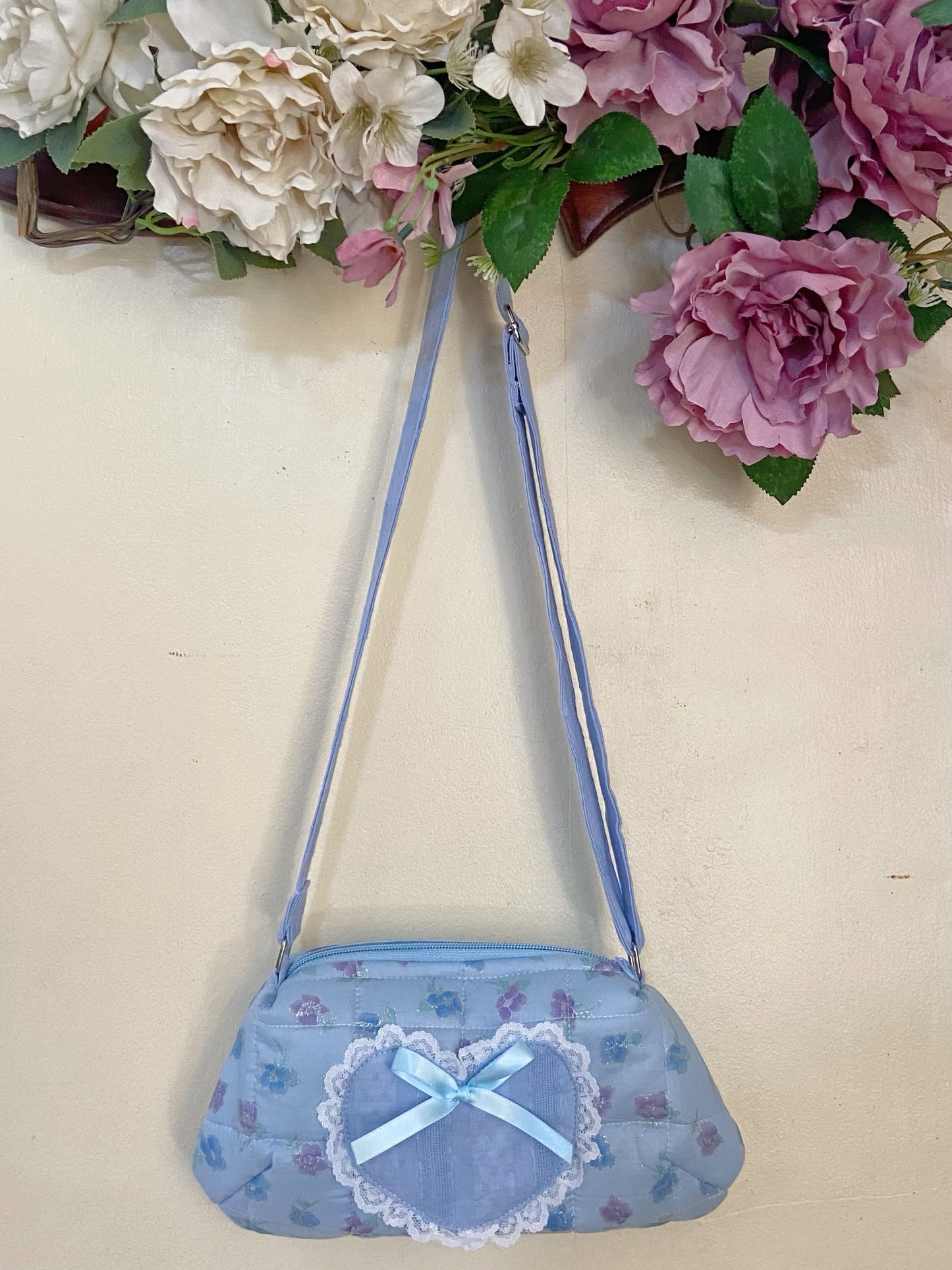 Blue Flowers Heart Dolly Bag