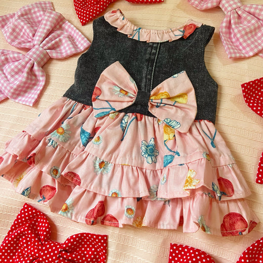 Cherry Pink Denim Polka Pet Handmade Dress