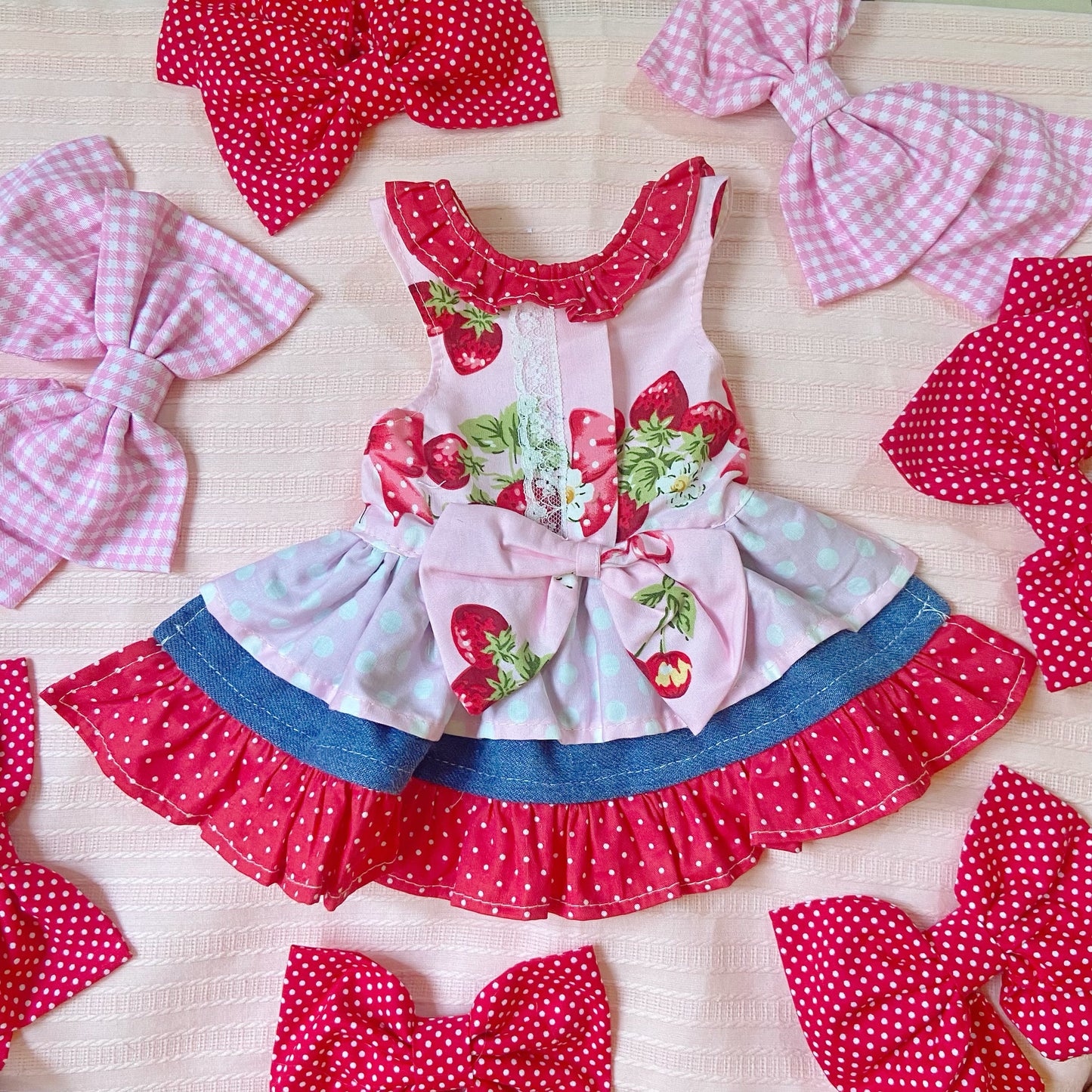 Pink Strawberry Denim Pet Handmade Dress