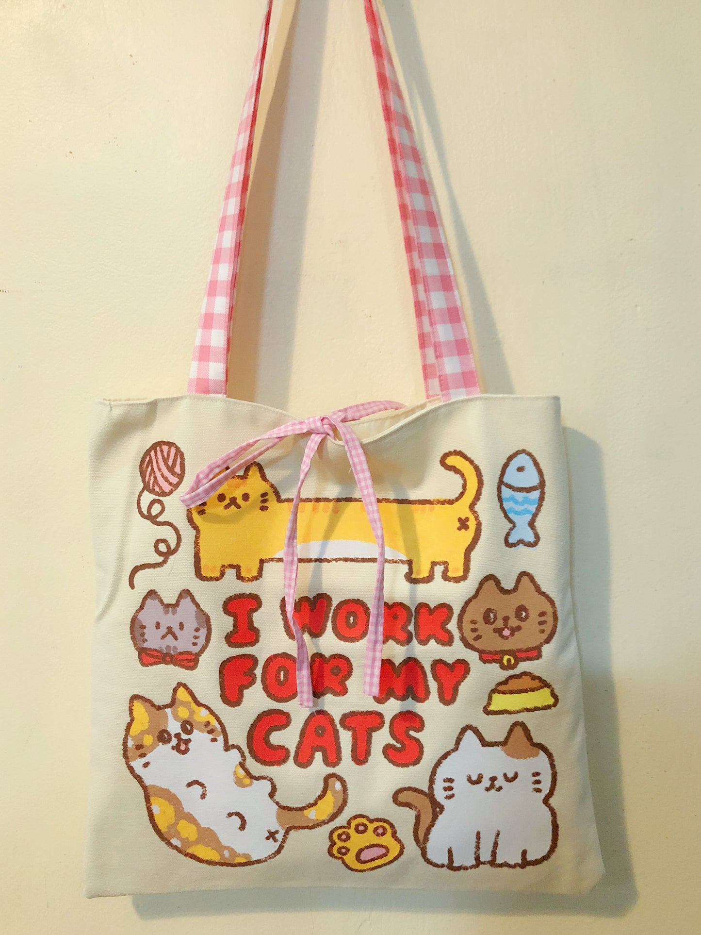 I work for mg Cats ( pink straps )  Handmade Tote Bag