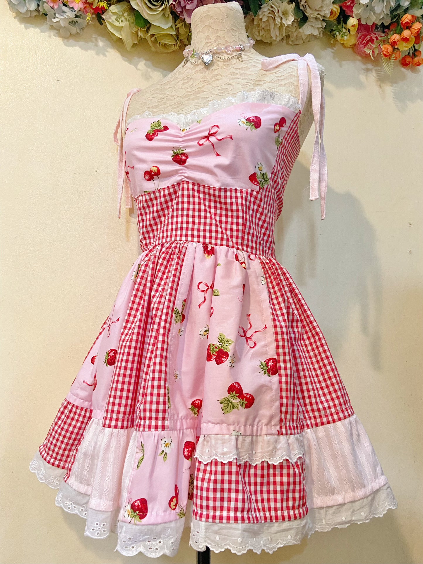 Strawberry Picnic Patchwork Handmade Dress