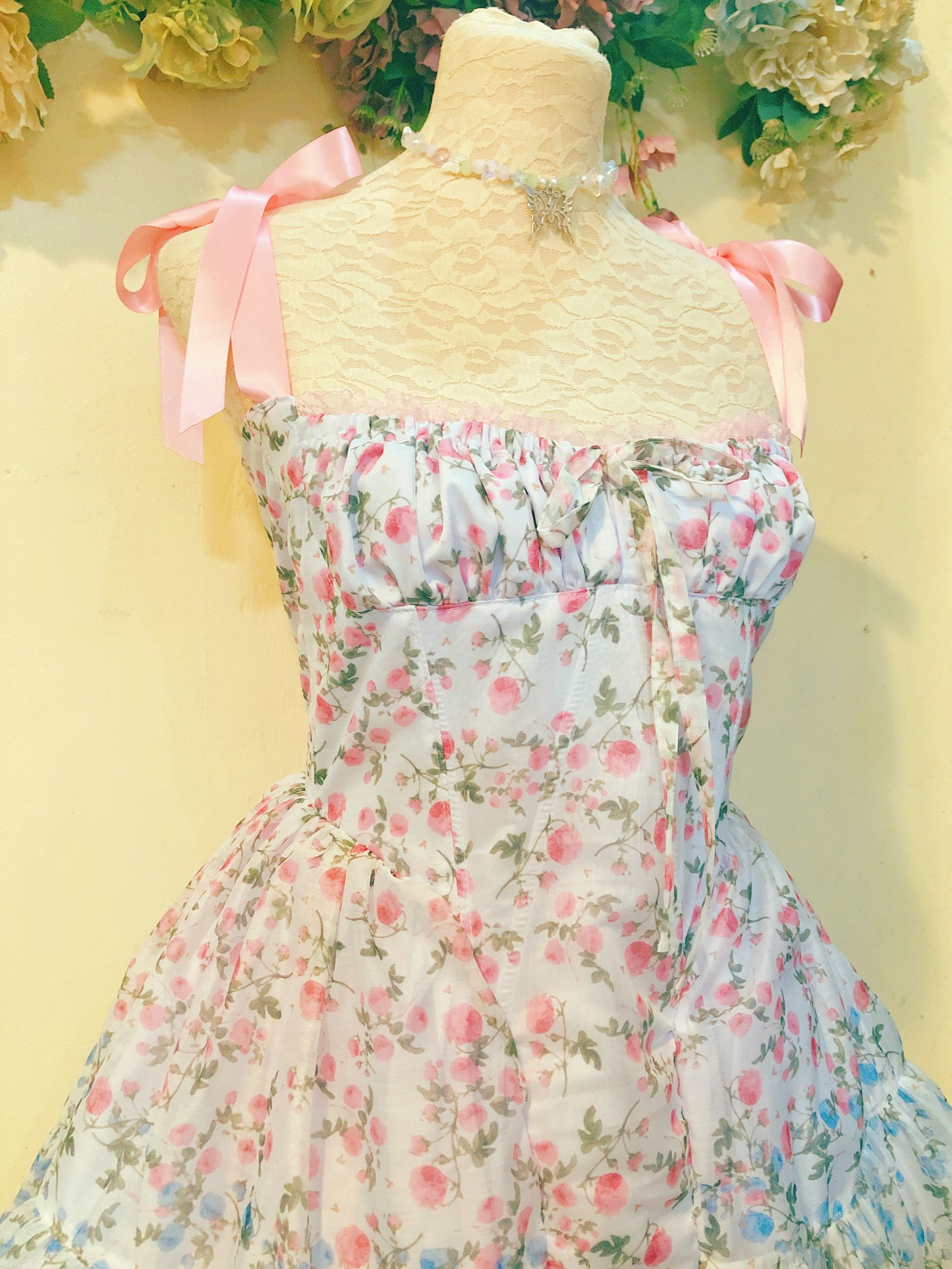 Pink and Blue Corset Milkmaid Handmade Dress