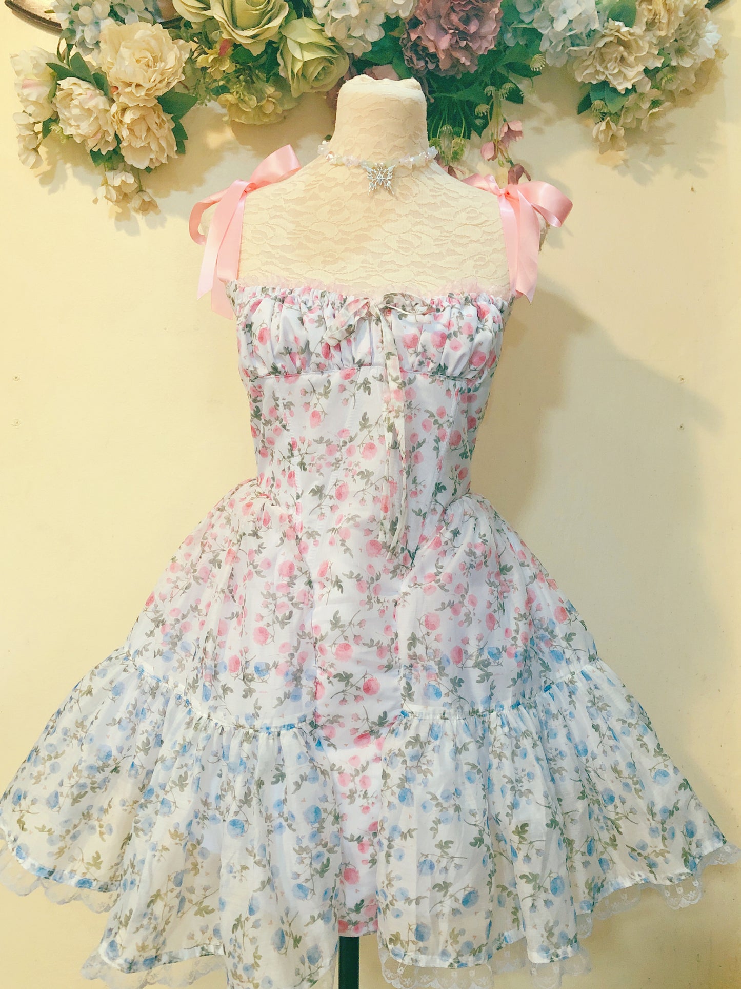 Pink and Blue Corset Milkmaid Handmade Dress