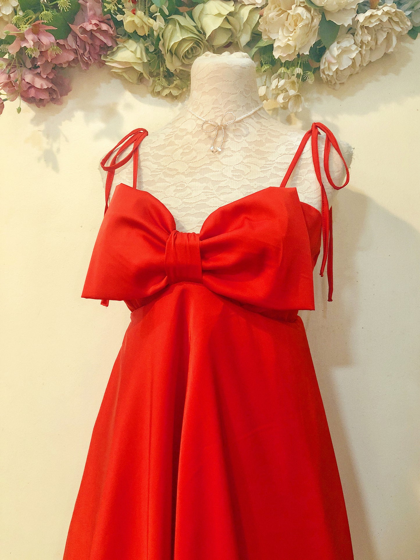 Red Ribbon Silk Handmade Dress