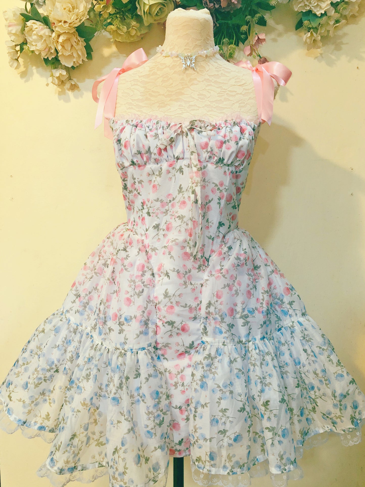 Pink and Blue Corset Milkmaid Handmade Dress