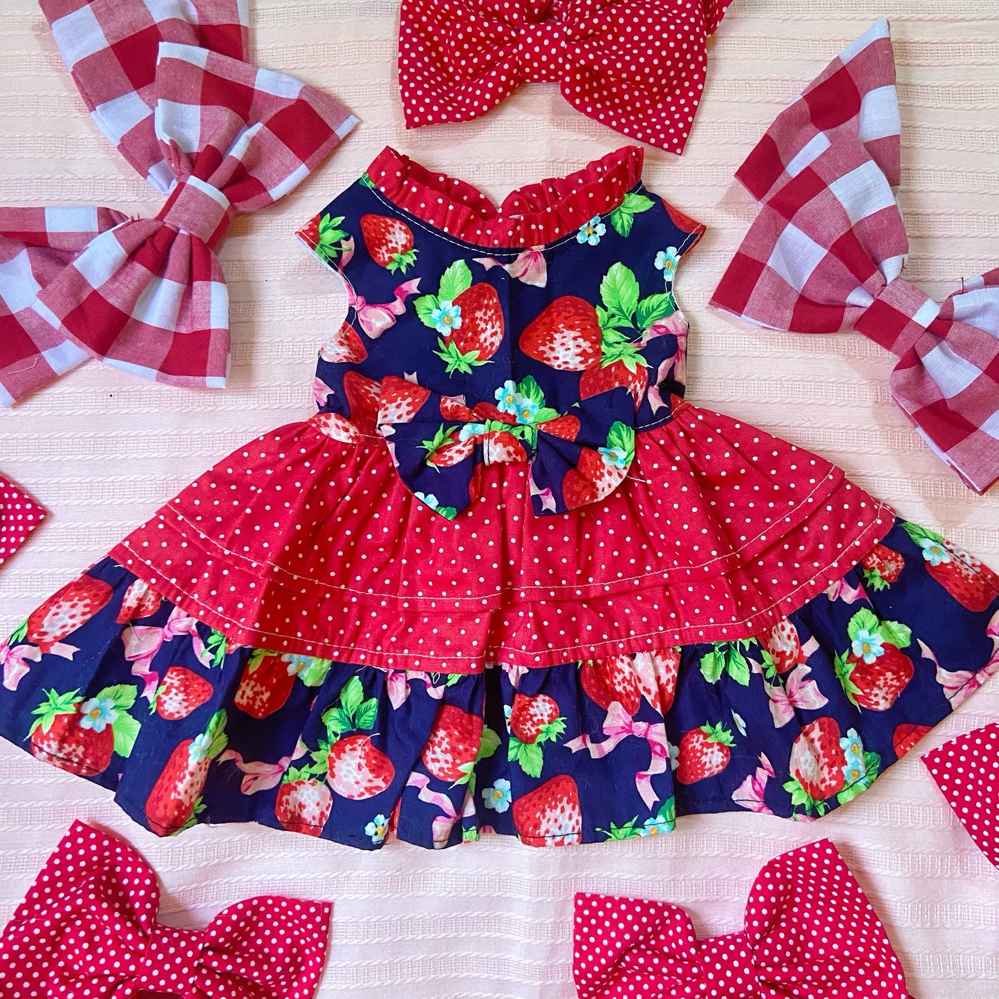 Navy Strawberry Denim Polka Pet Handmade Dress