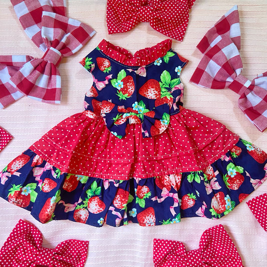 Navy Strawberry Denim Polka Pet Handmade Dress