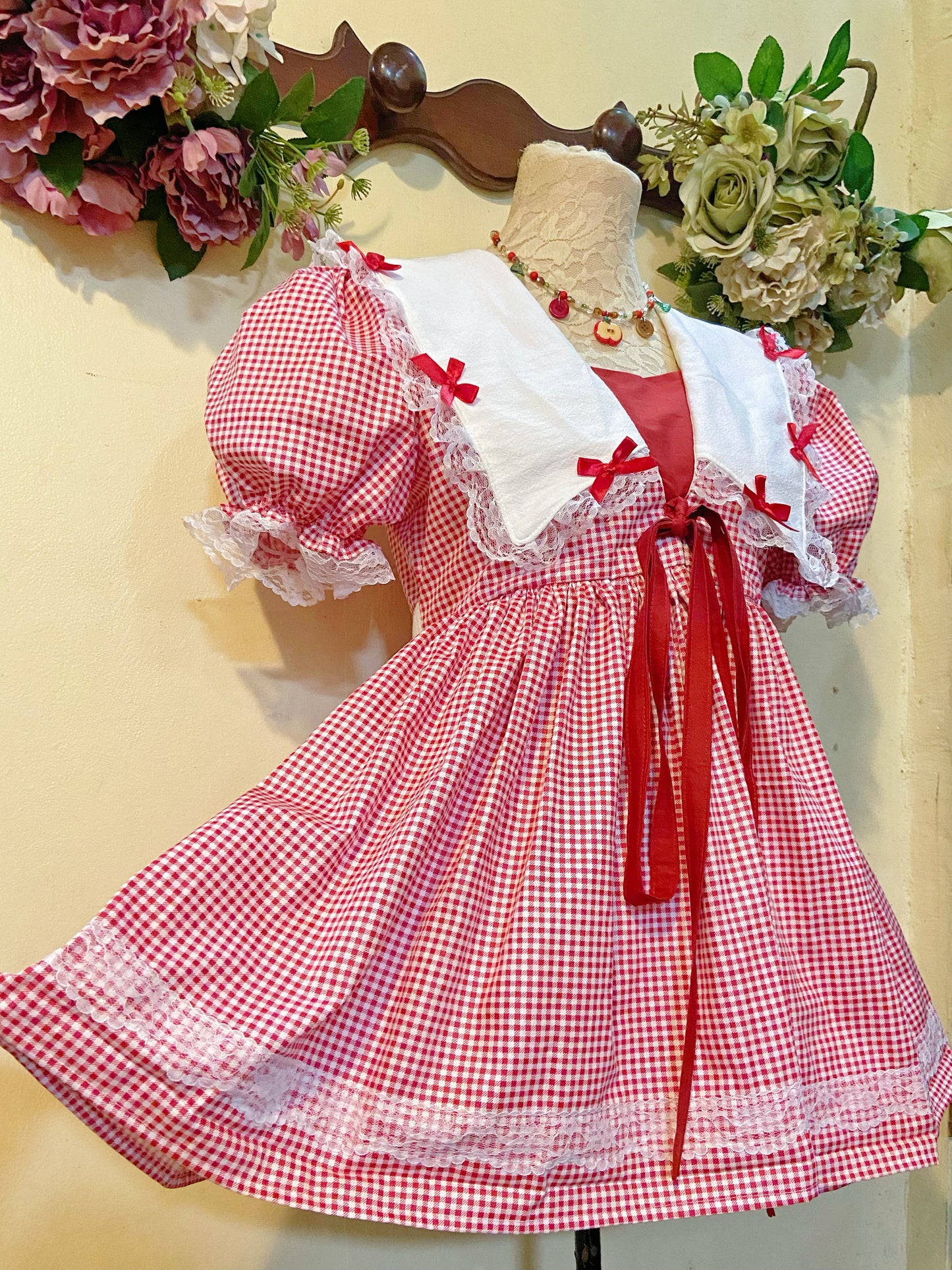 Red Ribbon Gingham Dress Handmade Dress