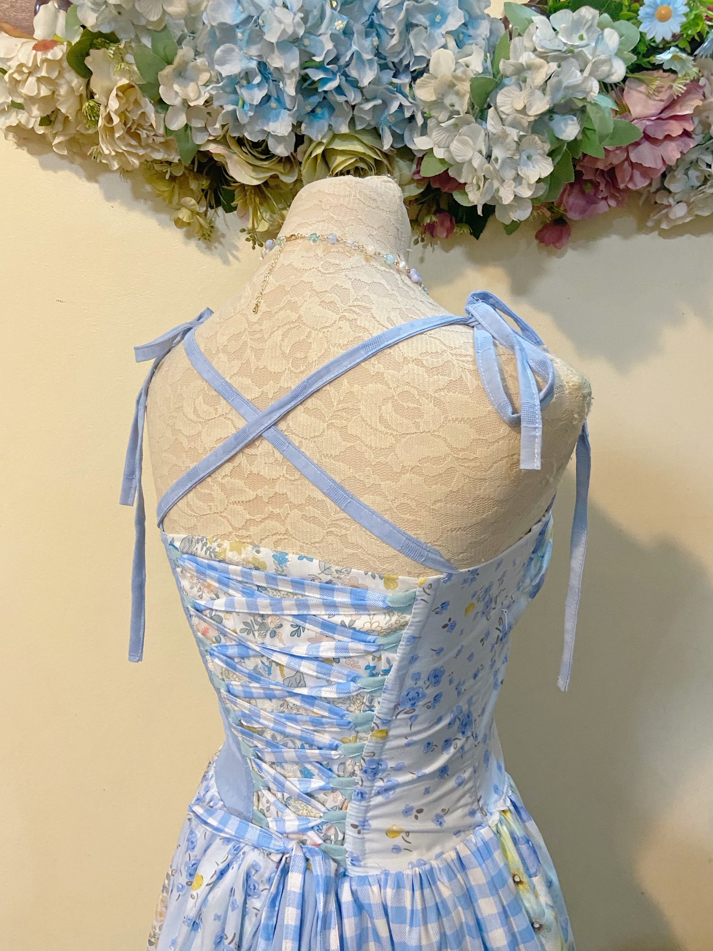 Blue Florals Patchwork Corset Handmade Dress