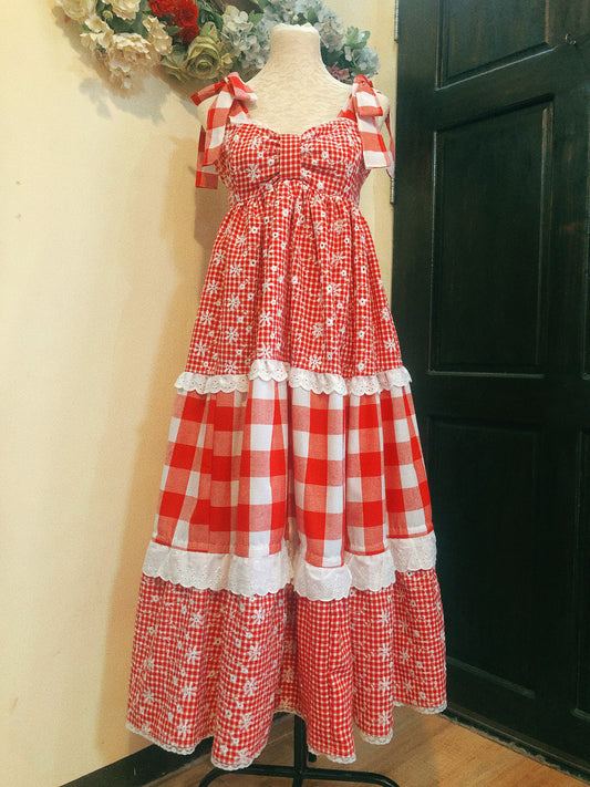 Red Gingham Patchwork Handmade Dress