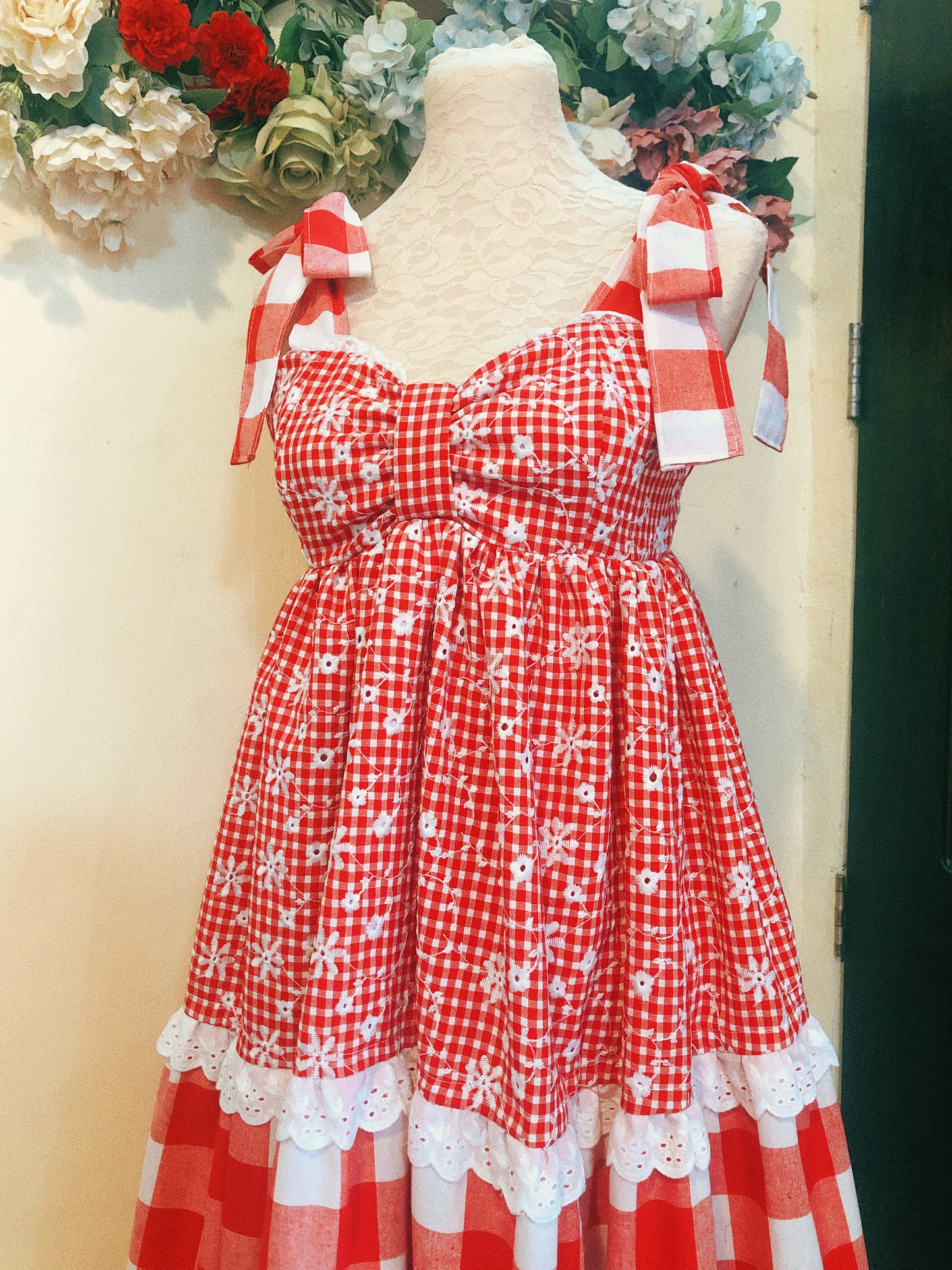 Red Gingham Patchwork Handmade Dress