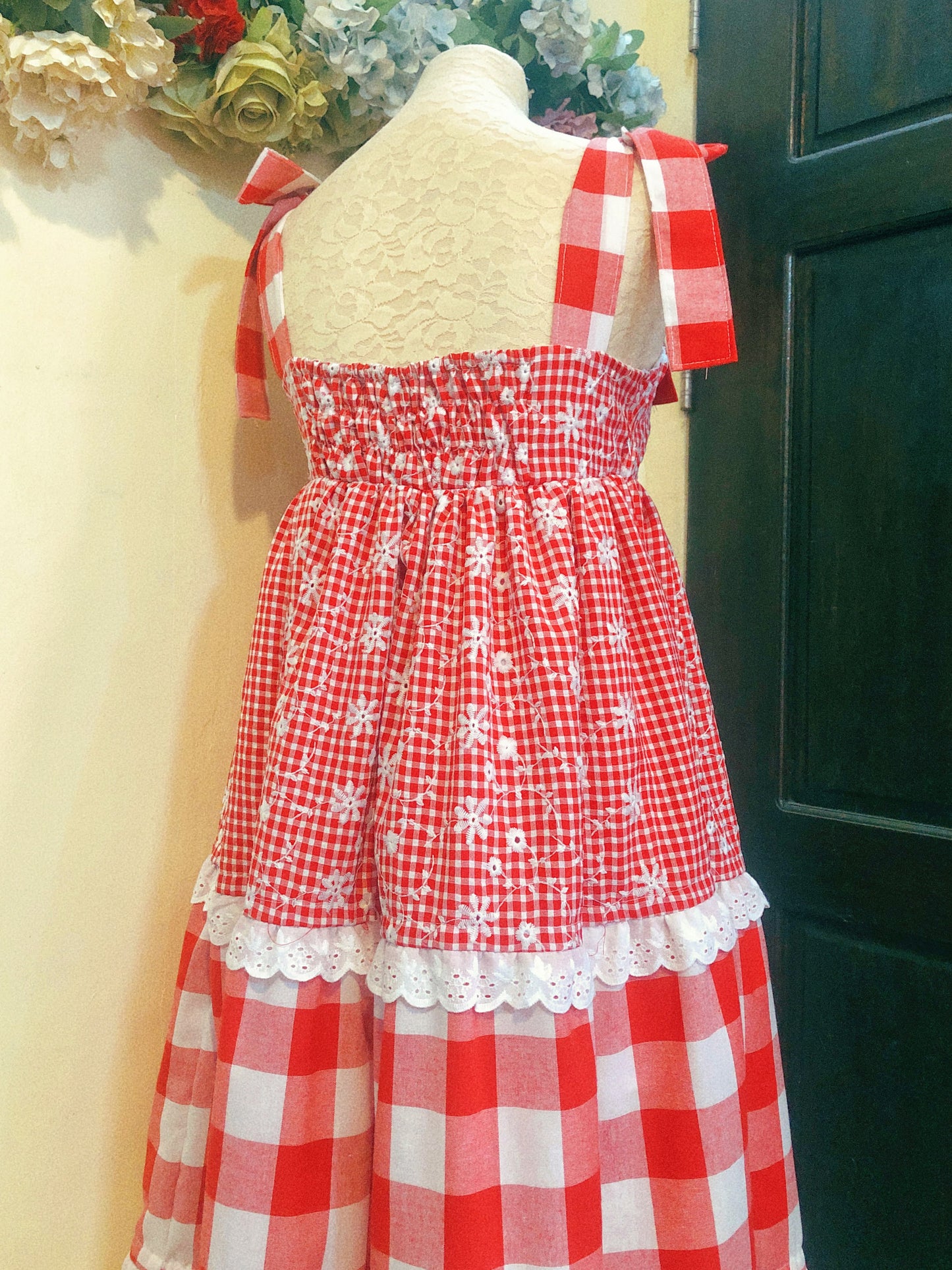 Red Gingham Patchwork Handmade Dress