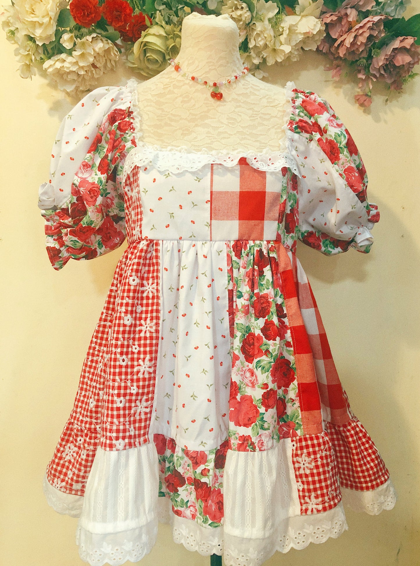 Red Rose Garden Patchwork Handmade Dress