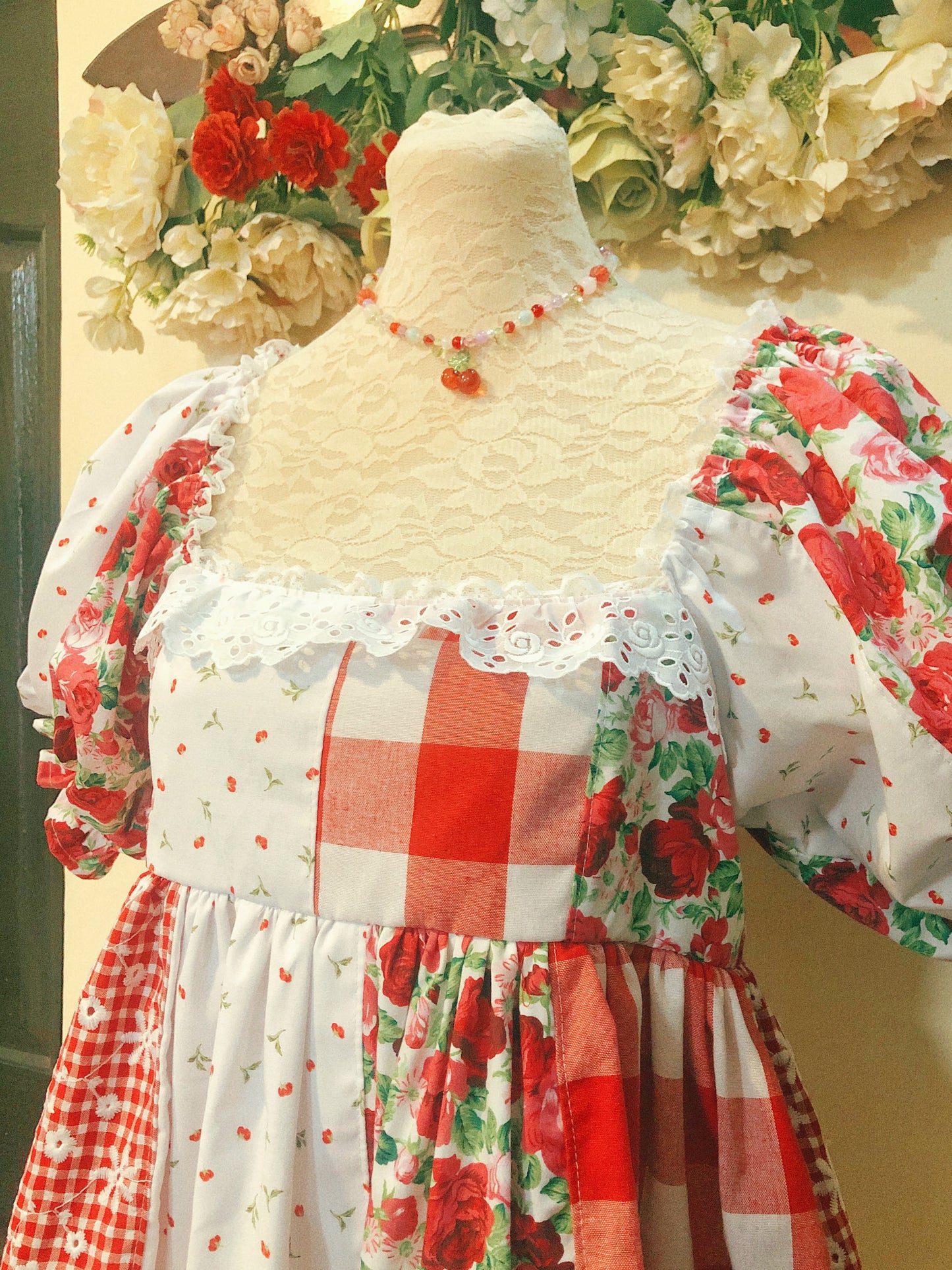 Red Rose Garden Patchwork Handmade Dress