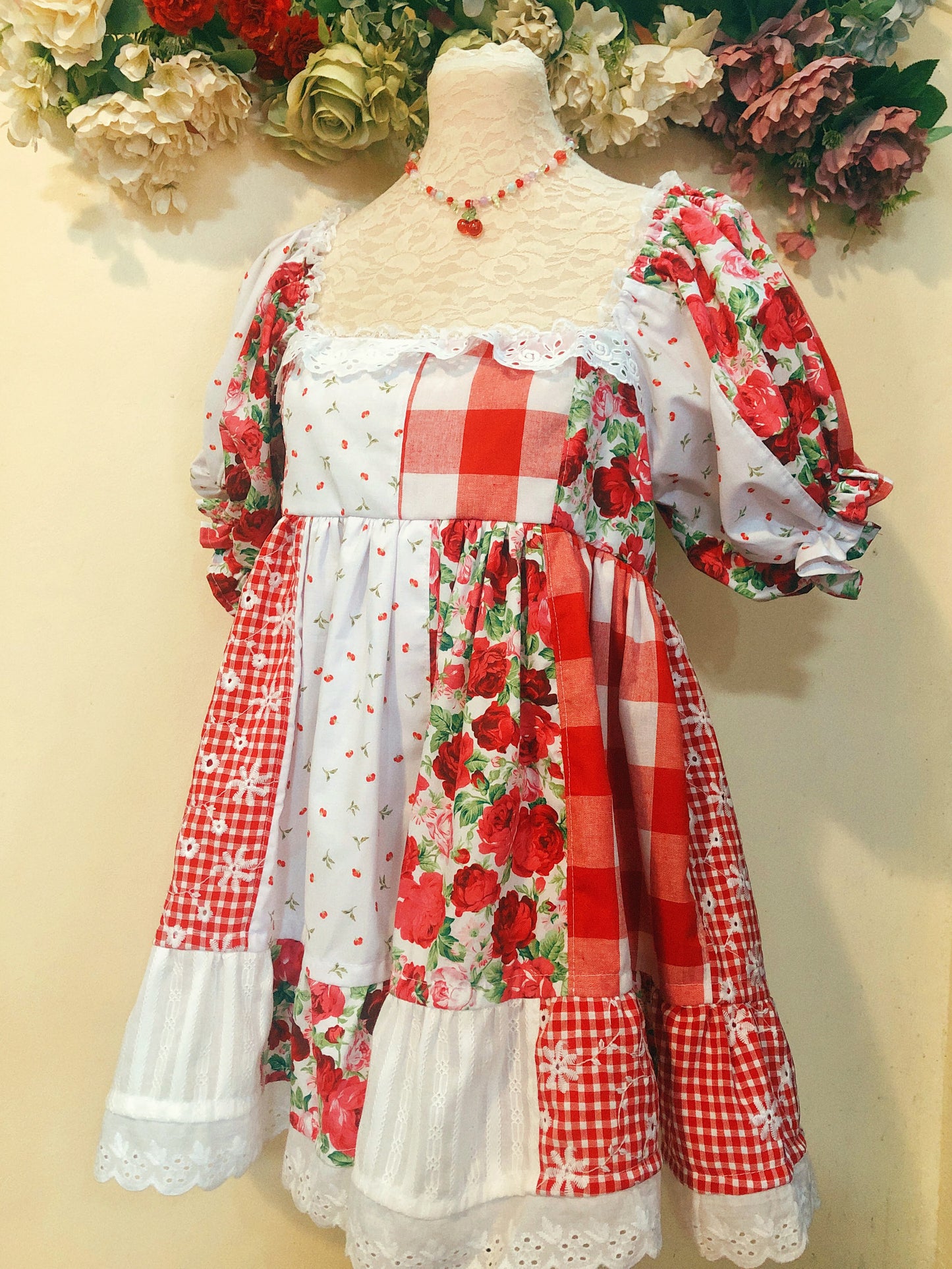 Red Rose Garden Patchwork Handmade Dress