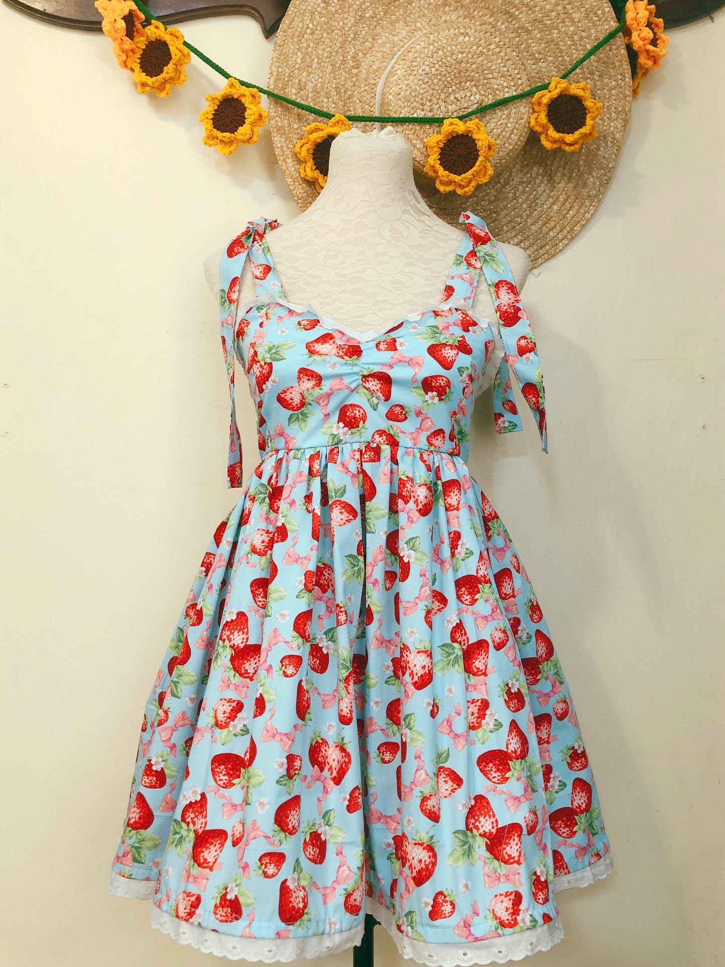 Milk Strawberry Ribbon Handmade Dress