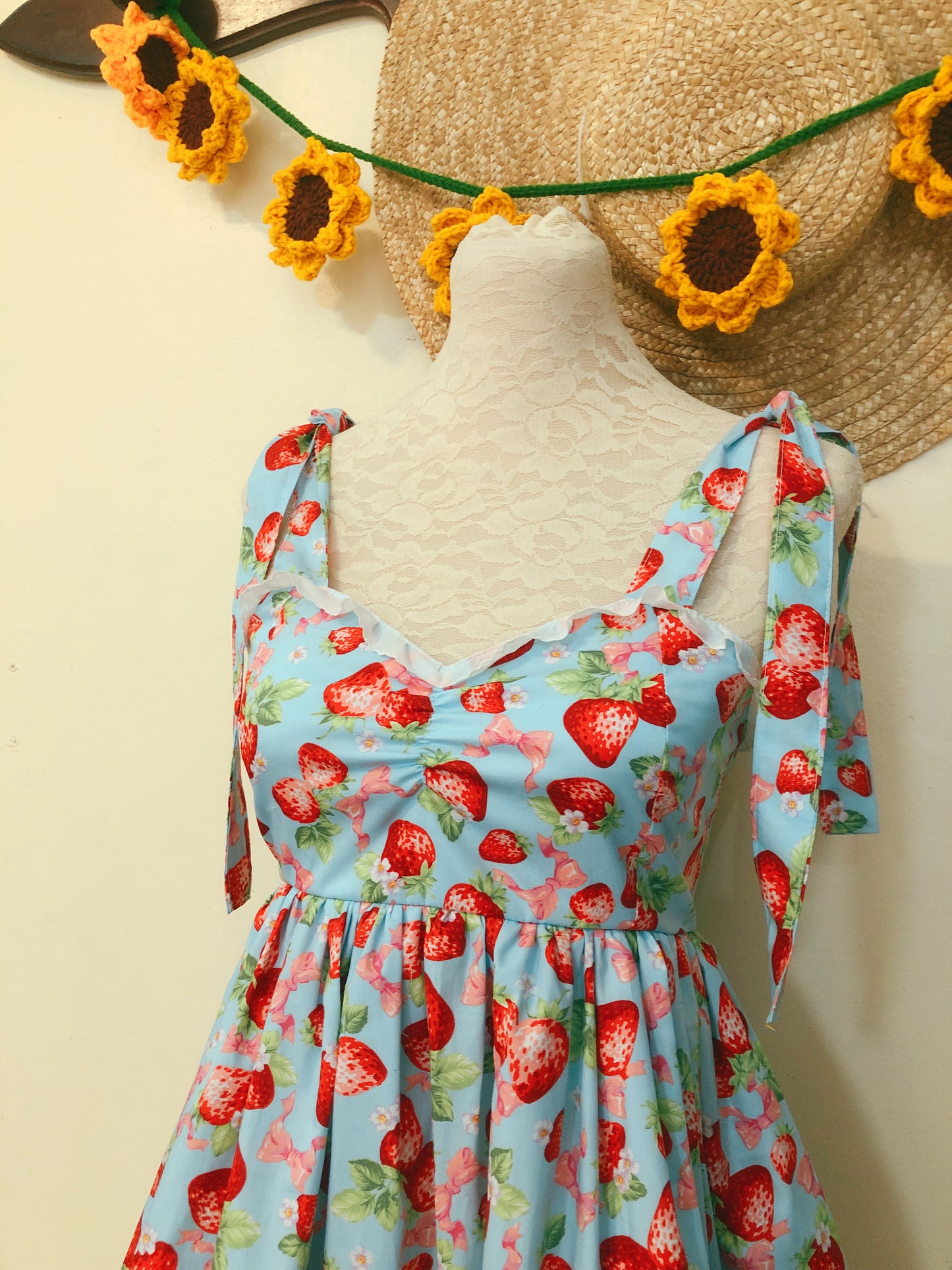 Milk Strawberry Ribbon Handmade Dress