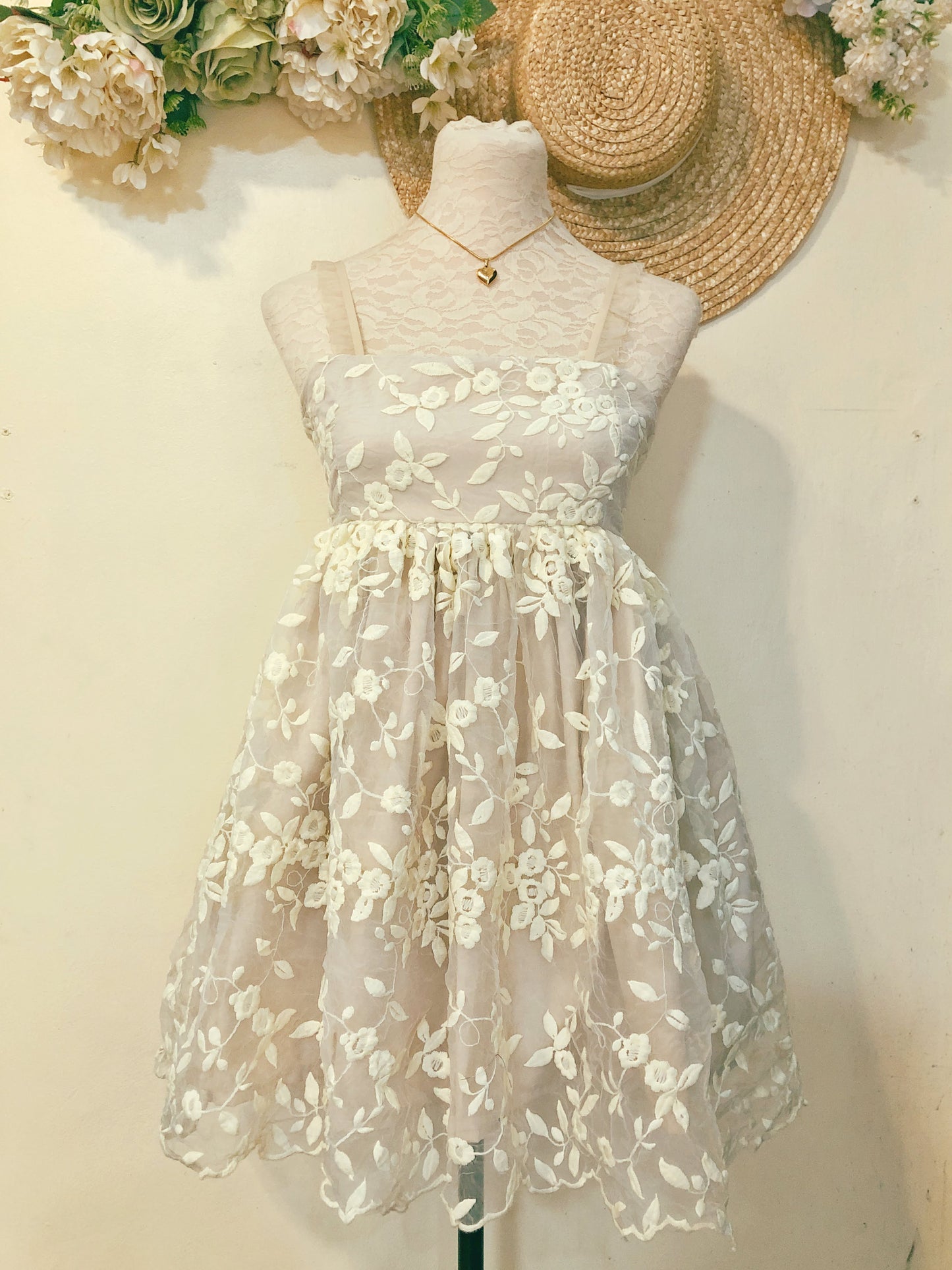 Cream Flower Embroidered Handmade Dress