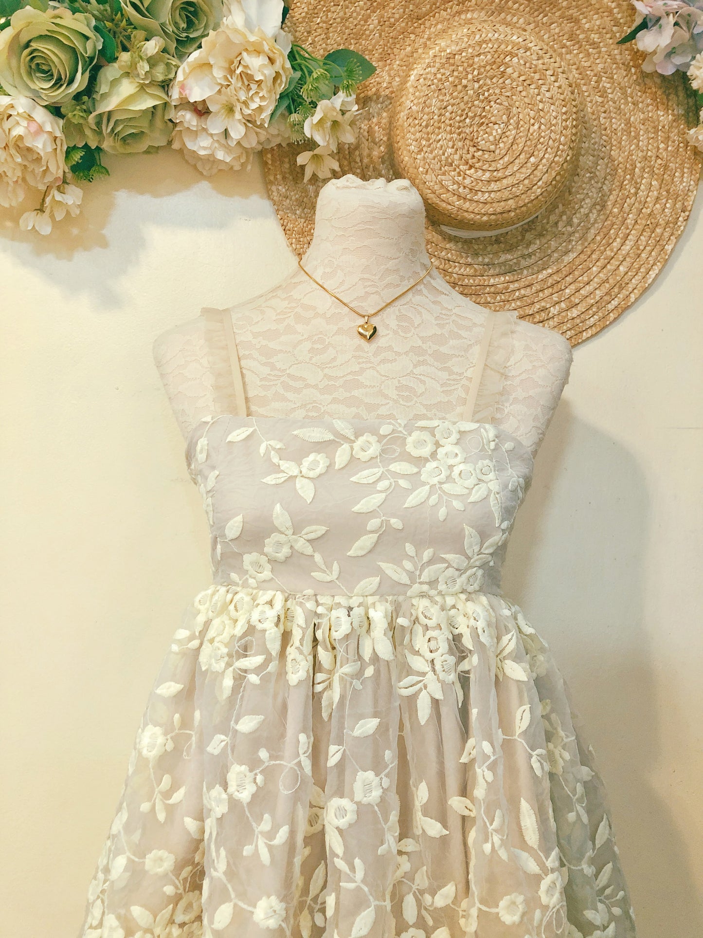 Cream Flower Embroidered Handmade Dress