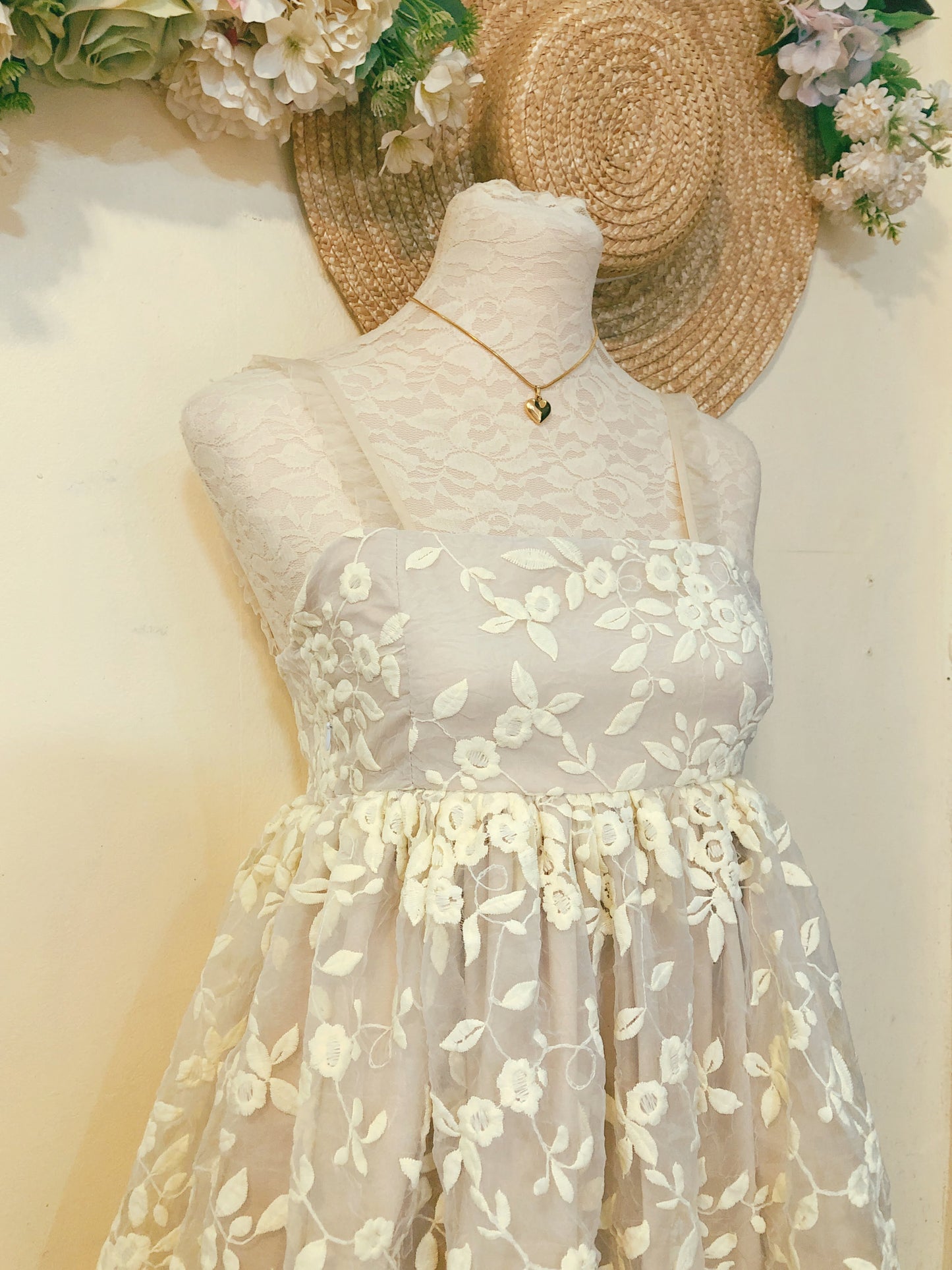 Cream Flower Embroidered Handmade Dress