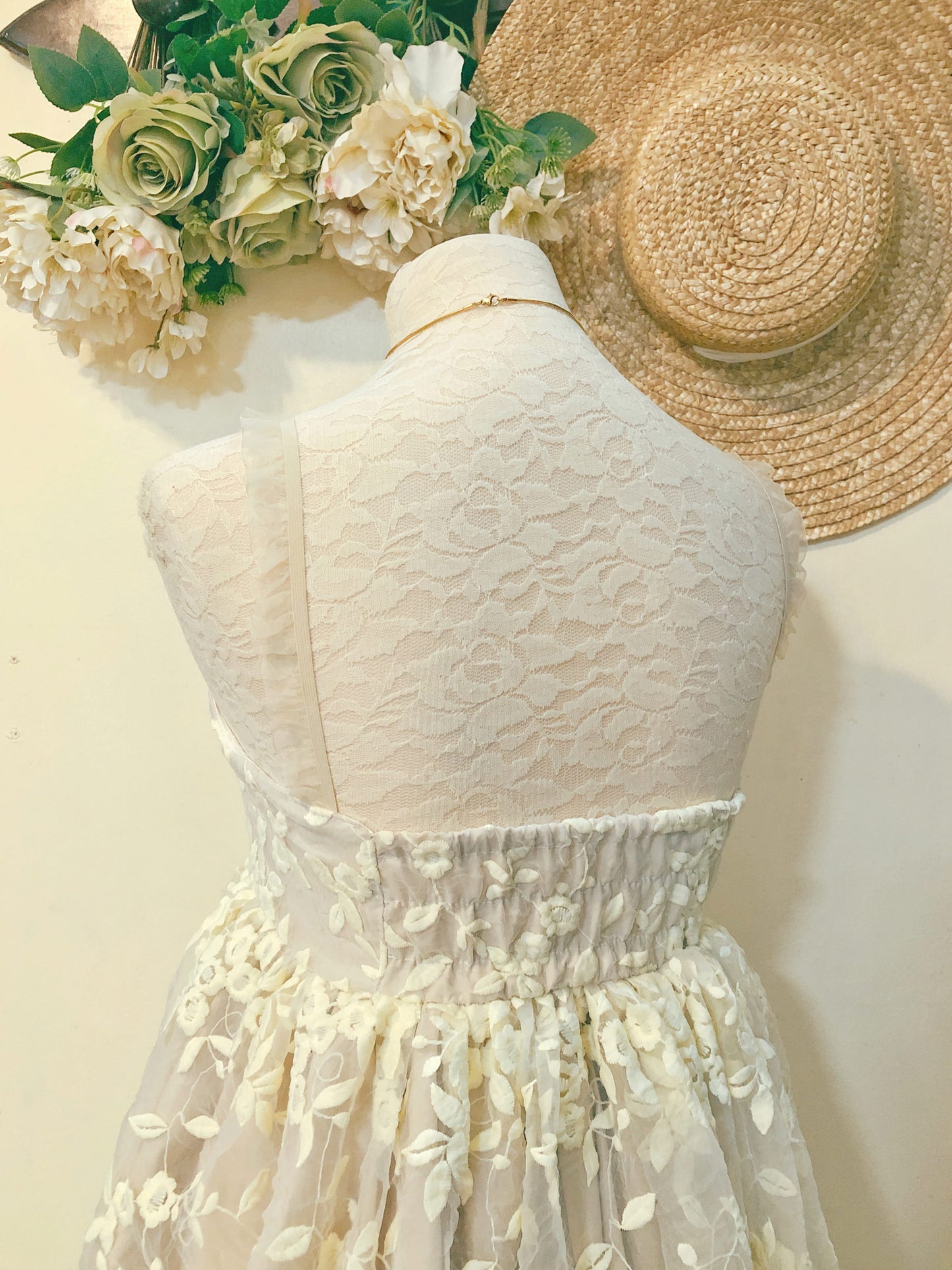 Cream Flower Embroidered Handmade Dress